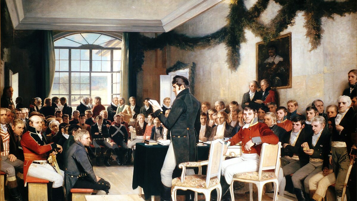 Riksforsamlingen på Eidsvoll i 1814. Maleri.